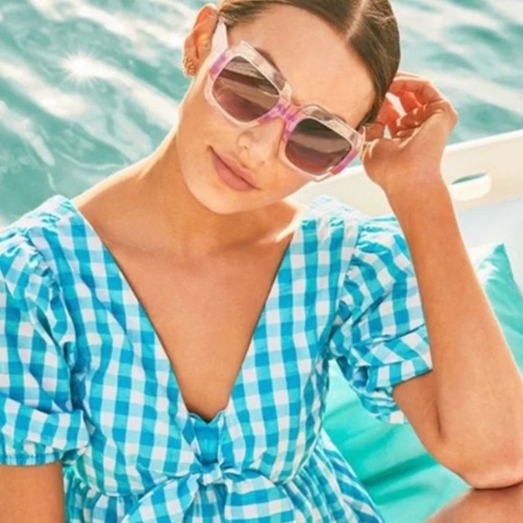 🐬 LILLY PULITZER SARAFINA TURQUOISE OASIS CRINKLE GINGHAM SHORT SLEEVE TOP! - Picture 6 of 15